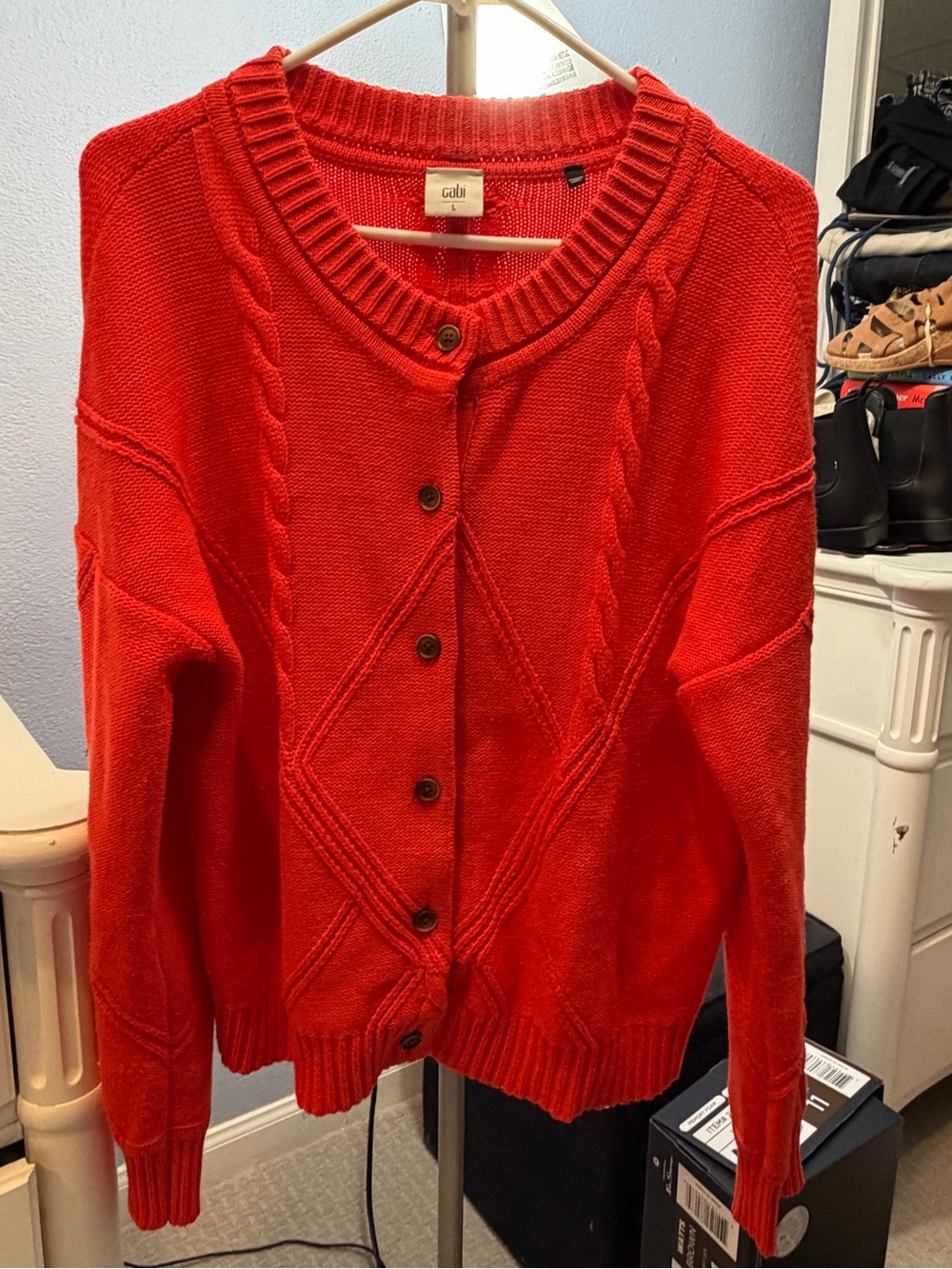 CAbi Red Cable Knit Button-Up Cardigan